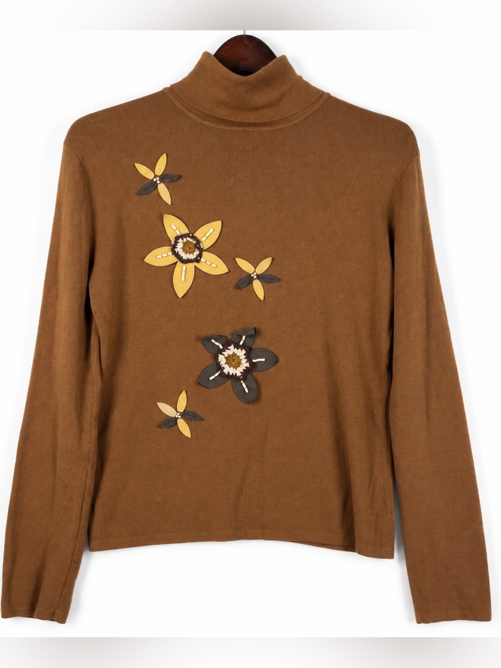 Vintage Y2K Brown Floral Applique Turtleneck Top L